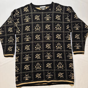 Vintage 1980s Dana Scott Black Gold Metallic Grid Knit Sweater | USA Made| Med